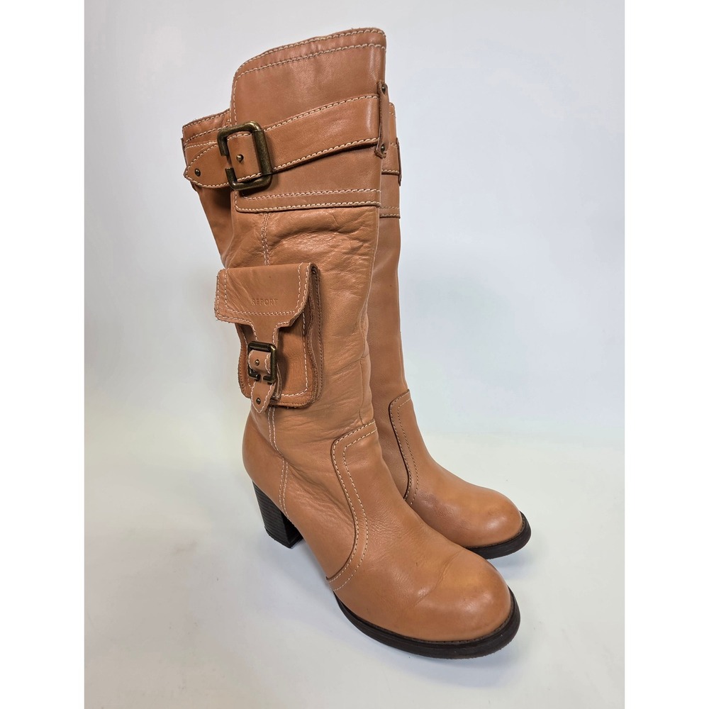 Report Knee High Boots Women's 8.5 Brown Leather Buckle Block Heel Riding